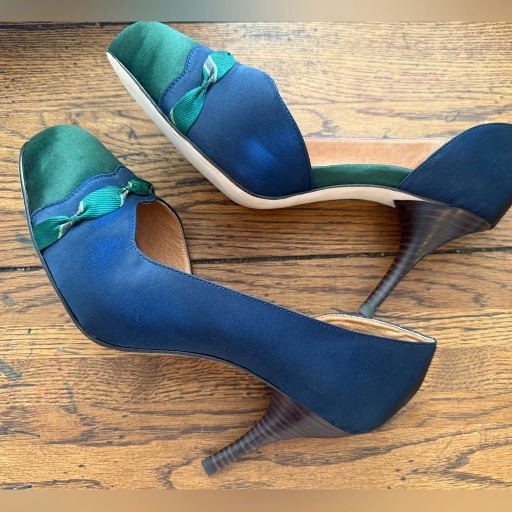 Anthropologie Lucky Penny Heeled Pumps NELLA SATIN HEEL ARGYLE NAVY/MARIN Heels - Picture 7 of 7
